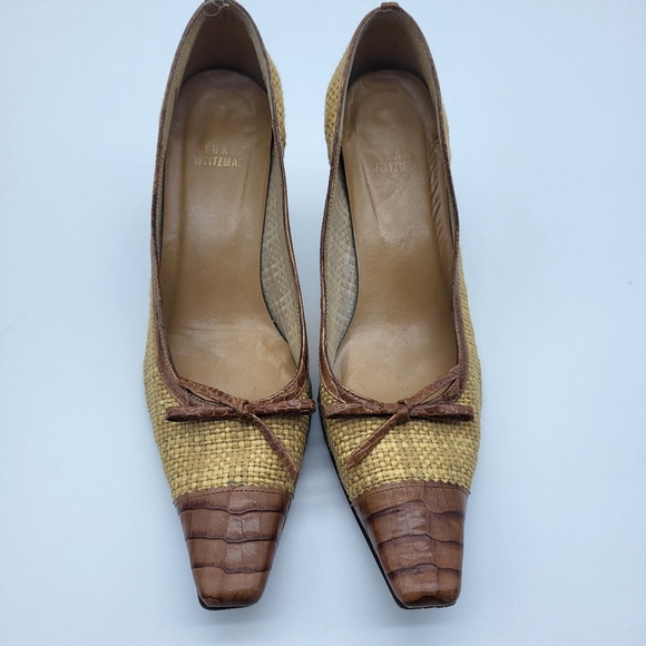 Stuart Weitzman tan basket weave reptile brown trim pump Size 7 - Picture 2 of 14